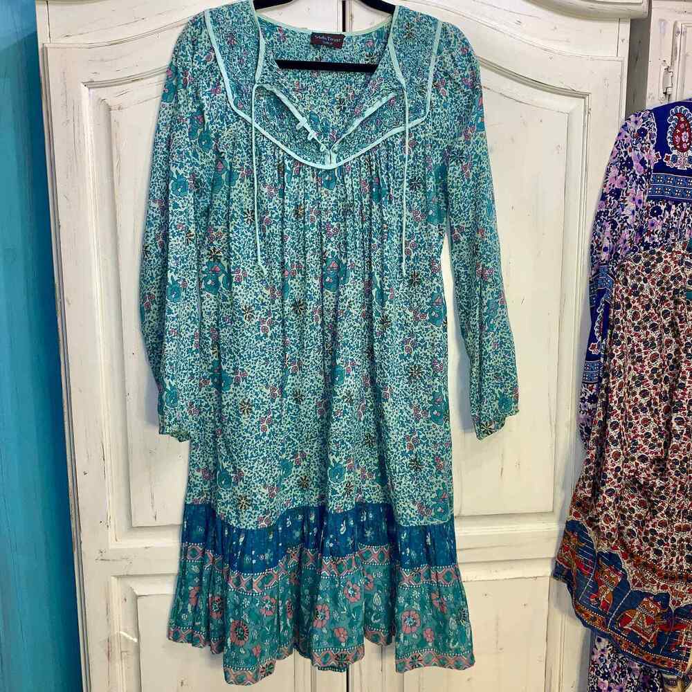 VINTAGE 90’s STELLA FOREST TURQUOISE COTTON HIPPIE INDIA BLOCK PRINT DRESS S/M